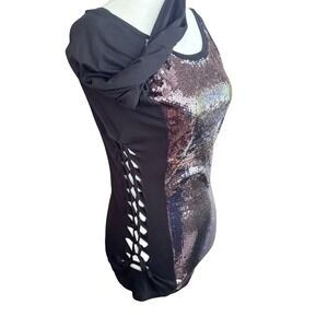 Sturgis '09 woman's black Biker babe‎ long sleeve top Med hidden sequence EUC